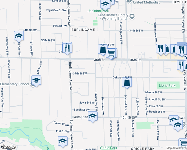 map of restaurants, bars, coffee shops, grocery stores, and more near 3649 Havana Avenue Southwest in Wyoming