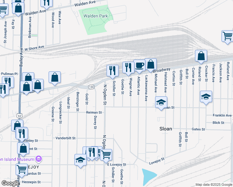 map of restaurants, bars, coffee shops, grocery stores, and more near 437 Schiller Street in Buffalo