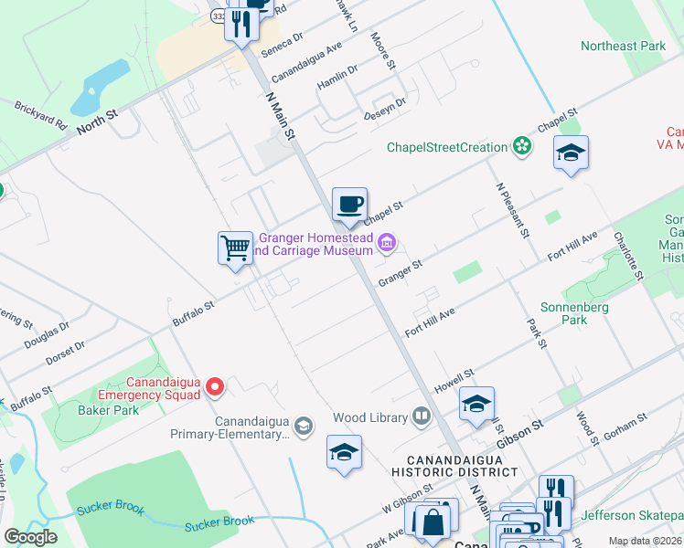 map of restaurants, bars, coffee shops, grocery stores, and more near 16 Perry Place in Canandaigua