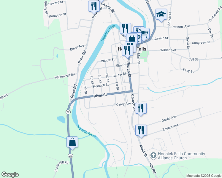 map of restaurants, bars, coffee shops, grocery stores, and more near 9-11 2nd Street in Hoosick Falls