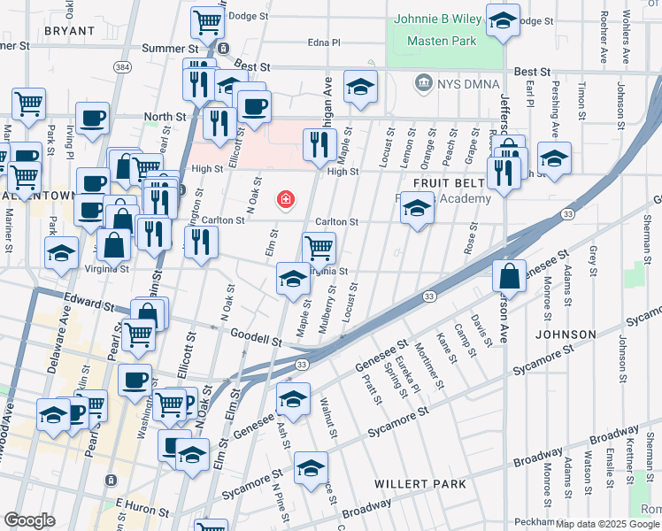 map of restaurants, bars, coffee shops, grocery stores, and more near 128 Mulberry Street in Buffalo