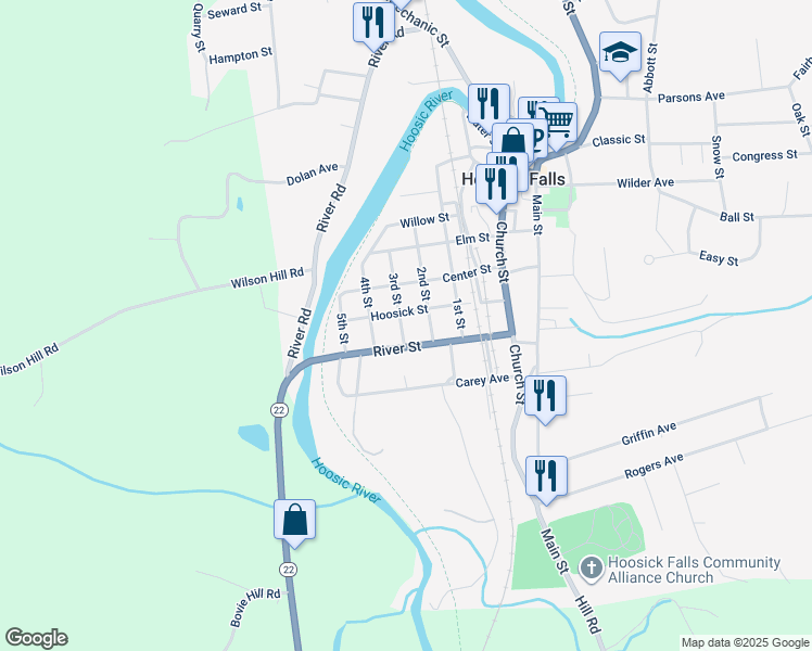 map of restaurants, bars, coffee shops, grocery stores, and more near 7 3rd Street in Hoosick Falls