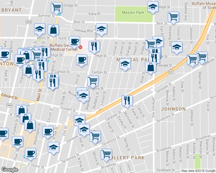 map of restaurants, bars, coffee shops, grocery stores, and more near 117 Locust Street in Buffalo