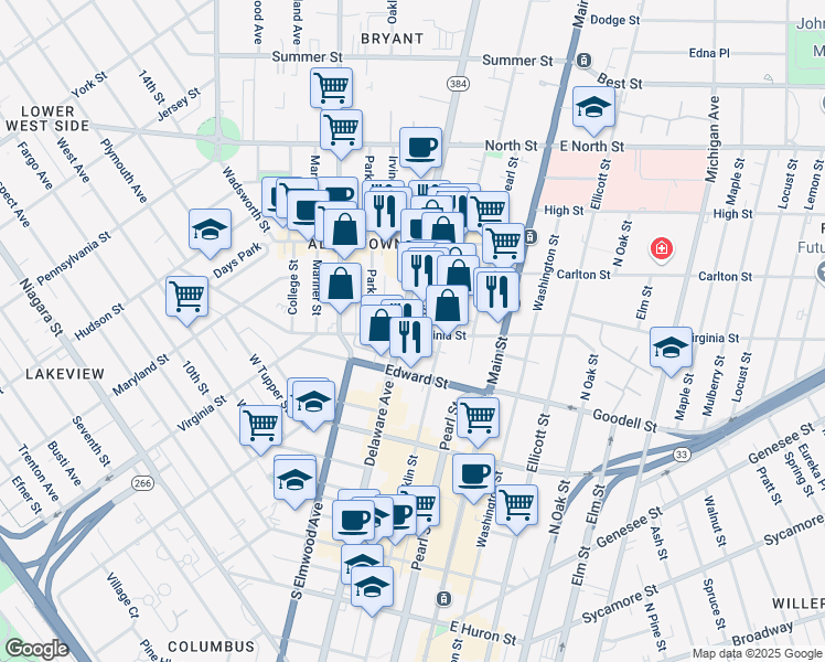 map of restaurants, bars, coffee shops, grocery stores, and more near 469 Delaware Avenue in Buffalo