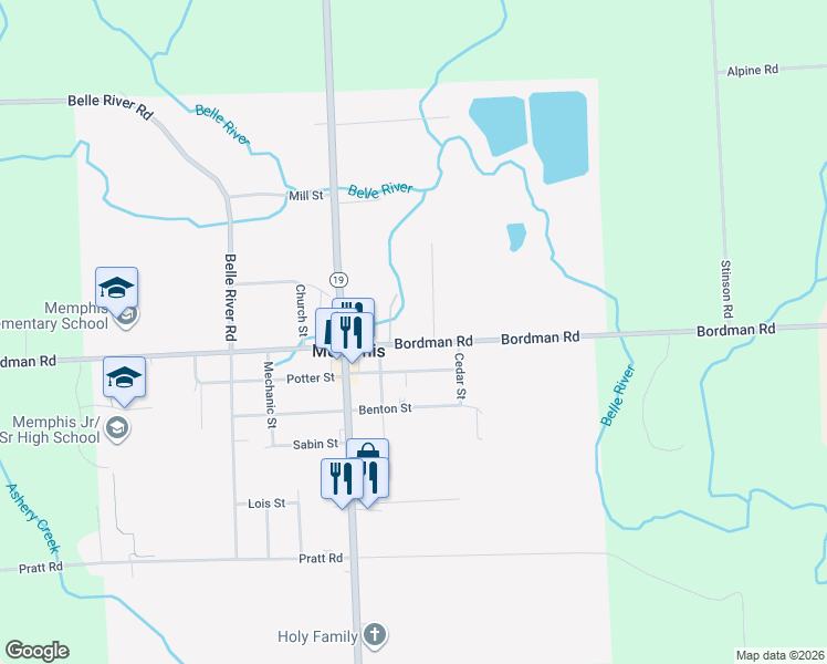 map of restaurants, bars, coffee shops, grocery stores, and more near 35221 Bordman Road in Riley