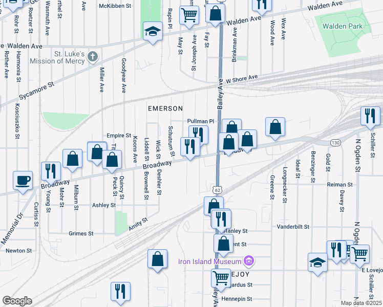 map of restaurants, bars, coffee shops, grocery stores, and more near 1582 Broadway in Buffalo