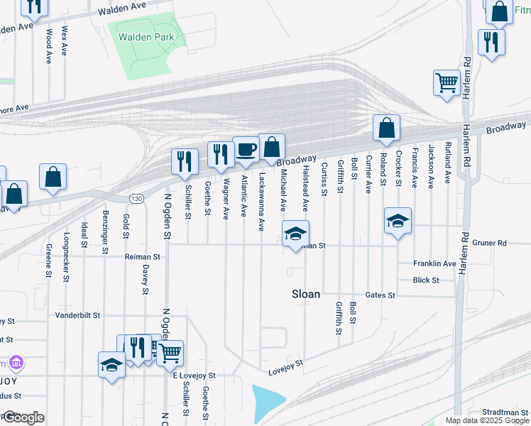 map of restaurants, bars, coffee shops, grocery stores, and more near 249 Lackawanna Avenue in Sloan