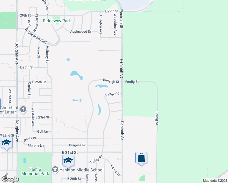map of restaurants, bars, coffee shops, grocery stores, and more near 2503 Valley Road in Yankton