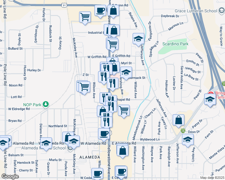 map of restaurants, bars, coffee shops, grocery stores, and more near 1200 Yellowstone Avenue in Pocatello