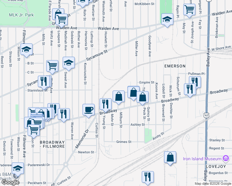 map of restaurants, bars, coffee shops, grocery stores, and more near 62 Schlenker Street in Buffalo