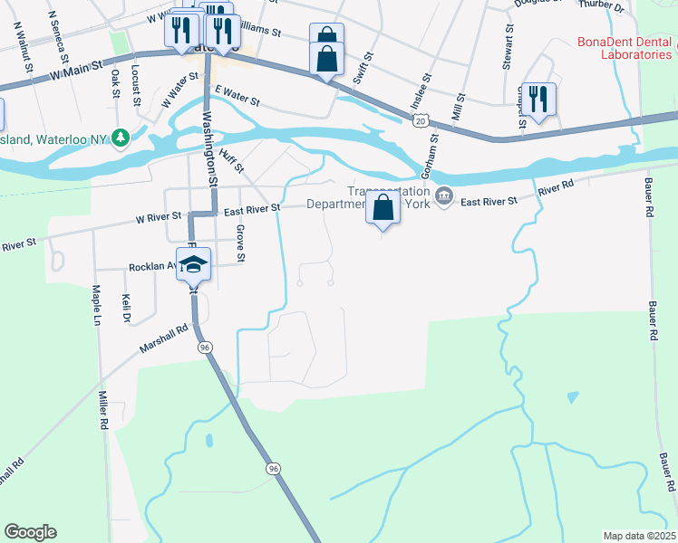 map of restaurants, bars, coffee shops, grocery stores, and more near 103 Brookside Drive in Waterloo