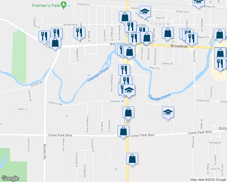 map of restaurants, bars, coffee shops, grocery stores, and more near 37 South Ellington Avenue in Depew