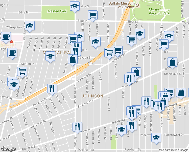 map of restaurants, bars, coffee shops, grocery stores, and more near 619 Adams St in Buffalo