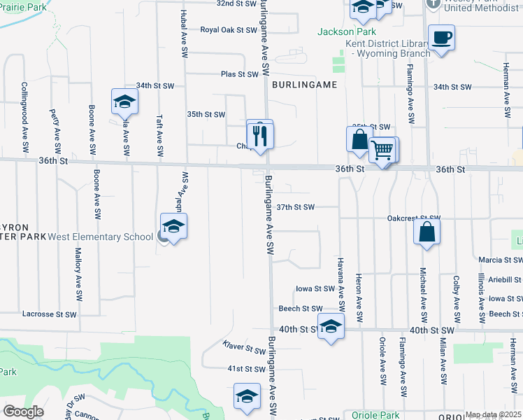 map of restaurants, bars, coffee shops, grocery stores, and more near 3701 Burlingame Avenue Southwest in Wyoming