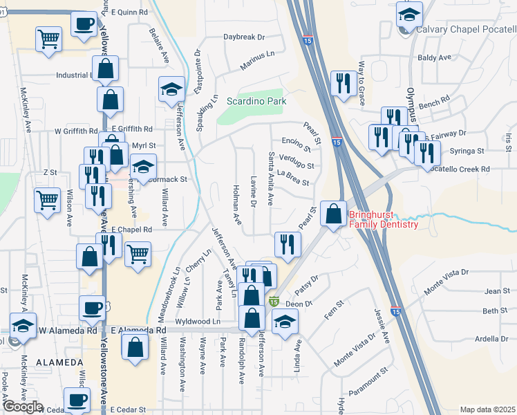 map of restaurants, bars, coffee shops, grocery stores, and more near 1190 Lavine Drive in Pocatello