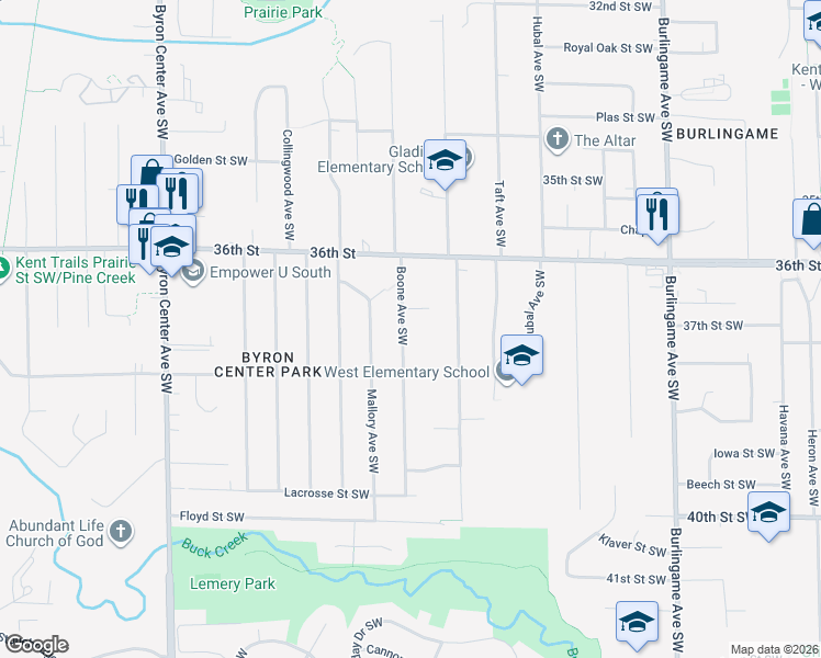 map of restaurants, bars, coffee shops, grocery stores, and more near 3680 Boone Avenue Southwest in Wyoming