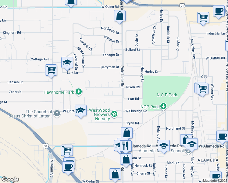 map of restaurants, bars, coffee shops, grocery stores, and more near 835 Nixon Road in Pocatello
