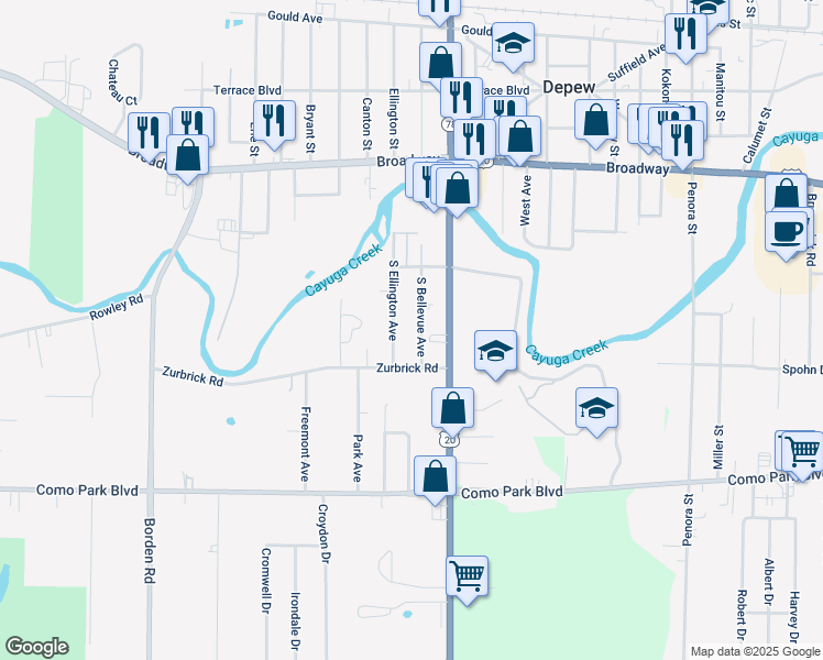 map of restaurants, bars, coffee shops, grocery stores, and more near 37 South Ellington Avenue in Depew