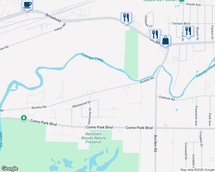 map of restaurants, bars, coffee shops, grocery stores, and more near 510 Rowley Road in Depew