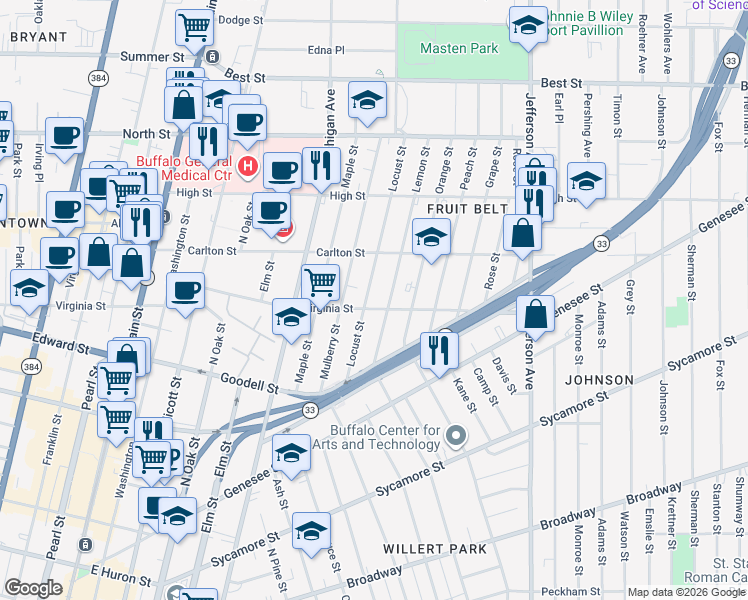 map of restaurants, bars, coffee shops, grocery stores, and more near 117 Locust Street in Buffalo