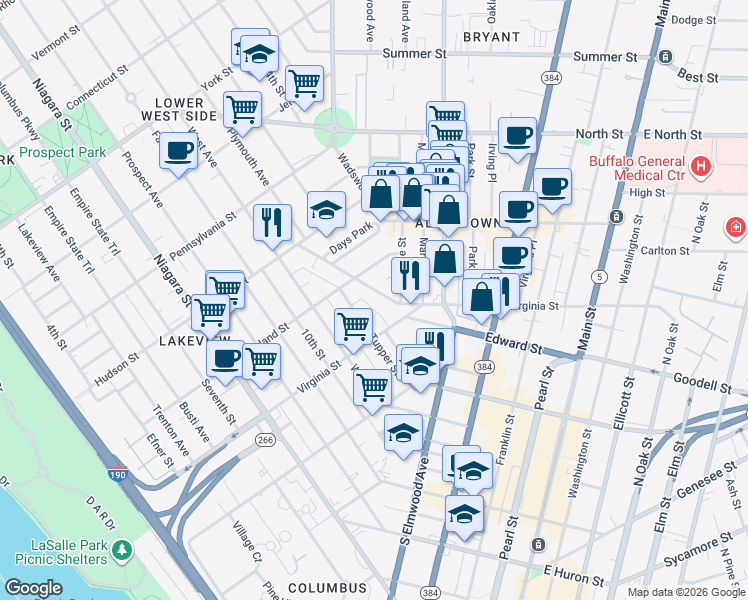 map of restaurants, bars, coffee shops, grocery stores, and more near in Buffalo