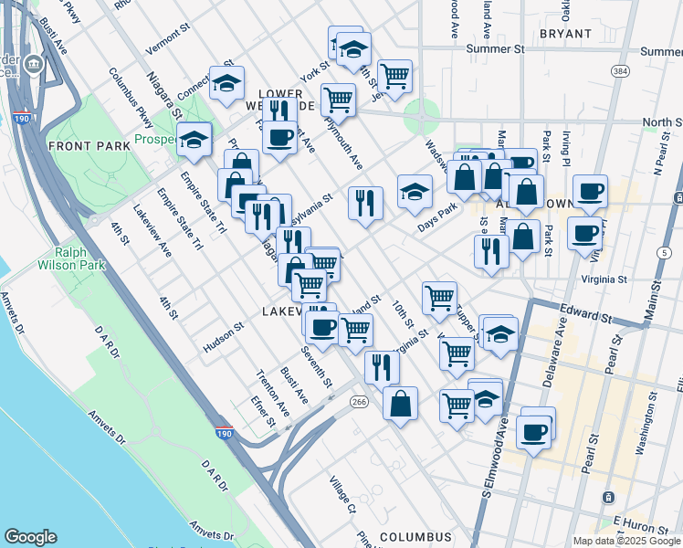 map of restaurants, bars, coffee shops, grocery stores, and more near 253 Whitney Place in Buffalo