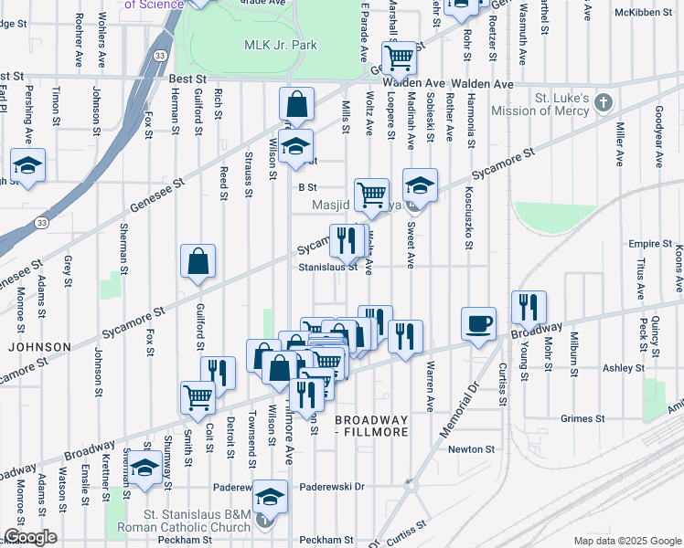 map of restaurants, bars, coffee shops, grocery stores, and more near 59 Stanislaus Street in Buffalo