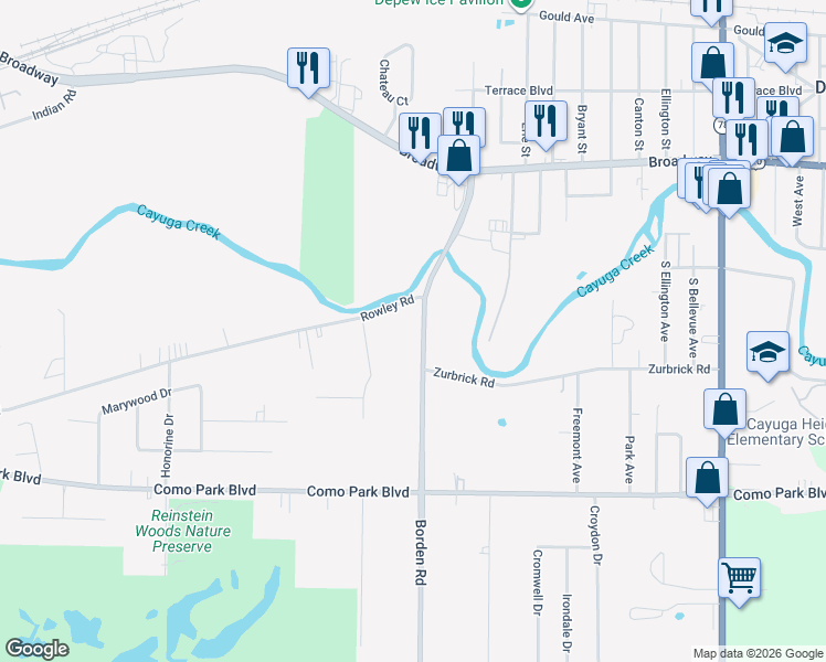 map of restaurants, bars, coffee shops, grocery stores, and more near 168 Borden Road in Depew