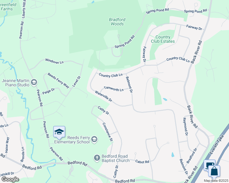 map of restaurants, bars, coffee shops, grocery stores, and more near 10 Tamworth Lane in Merrimack