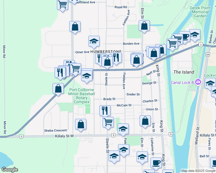 map of restaurants, bars, coffee shops, grocery stores, and more near 162 Highland Avenue in Port Colborne
