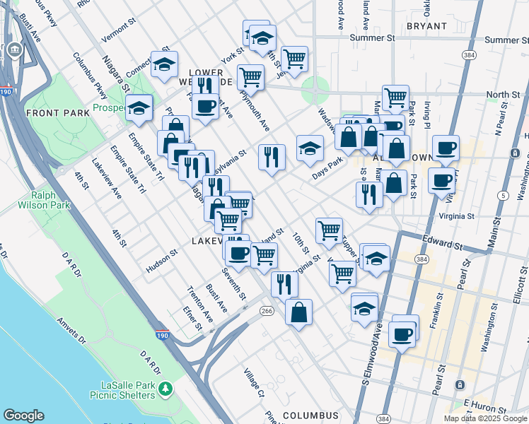 map of restaurants, bars, coffee shops, grocery stores, and more near 253 Whitney Place in Buffalo