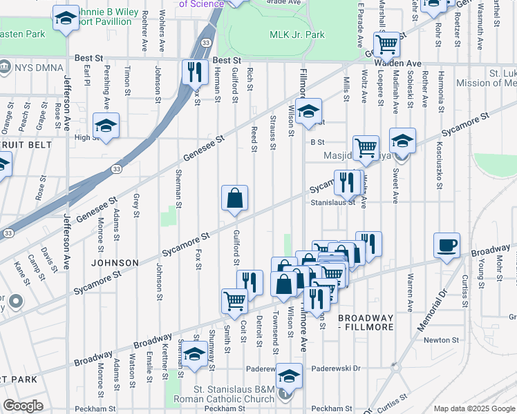 map of restaurants, bars, coffee shops, grocery stores, and more near 800 Sycamore Street in Buffalo