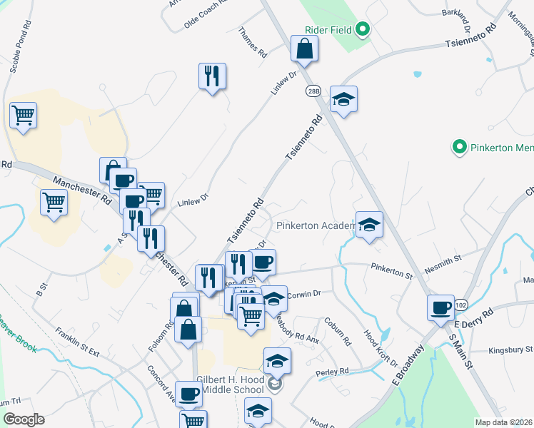 map of restaurants, bars, coffee shops, grocery stores, and more near 5 Tsienneto Road in Derry
