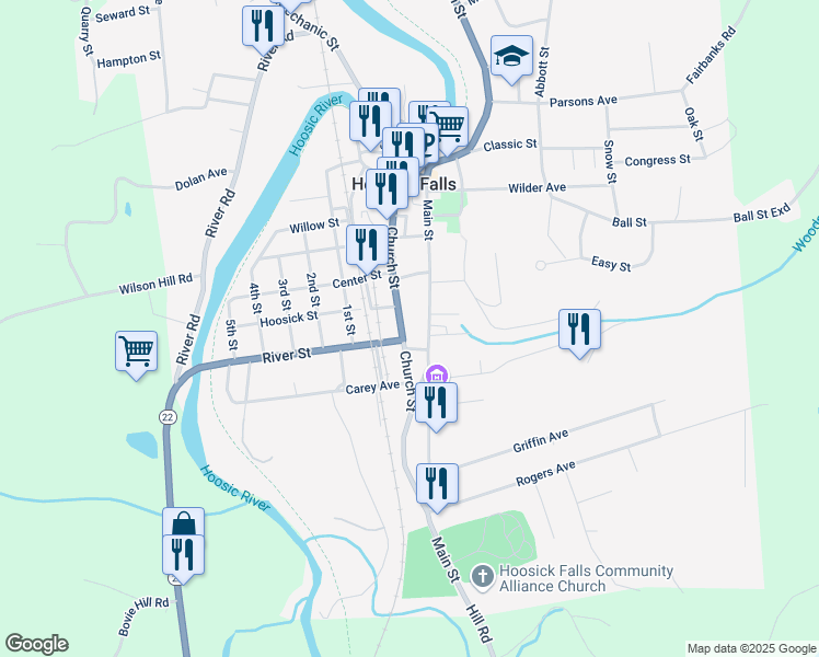 map of restaurants, bars, coffee shops, grocery stores, and more near 140 Church Street in Hoosick Falls