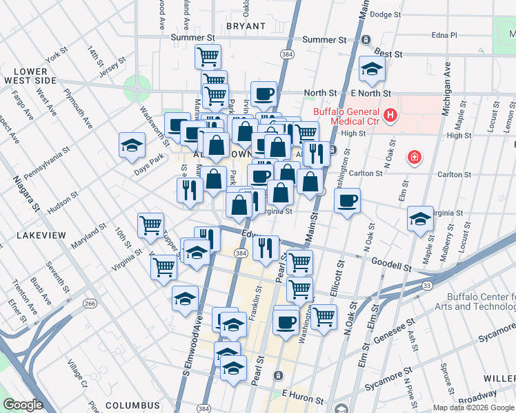 map of restaurants, bars, coffee shops, grocery stores, and more near 469 Delaware Avenue in Buffalo