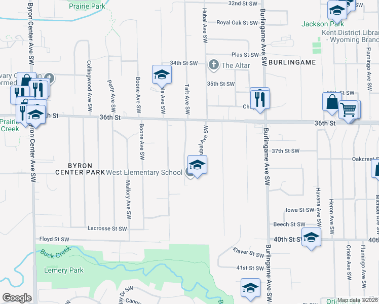 map of restaurants, bars, coffee shops, grocery stores, and more near 3708 Taft Avenue Southwest in Wyoming