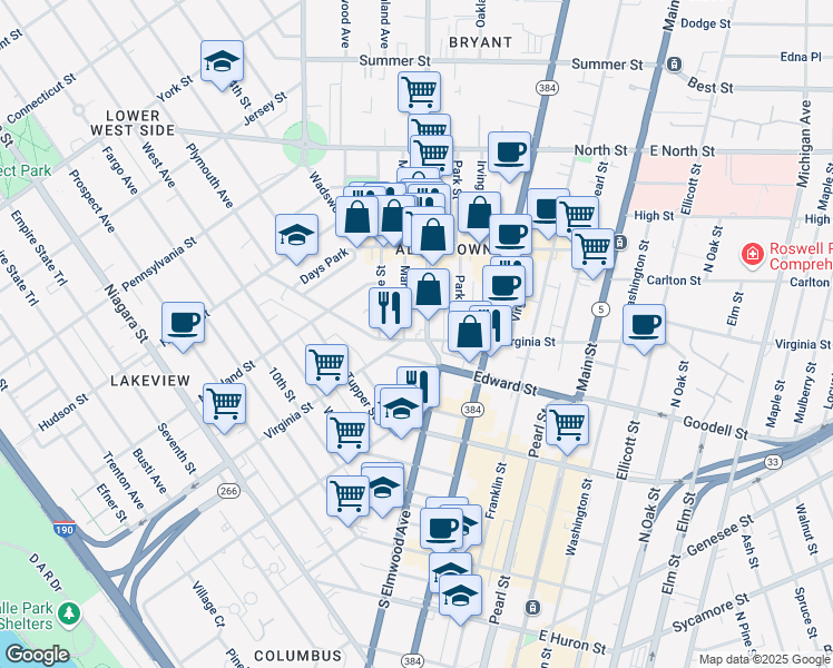 map of restaurants, bars, coffee shops, grocery stores, and more near 384 Virginia Street in Buffalo