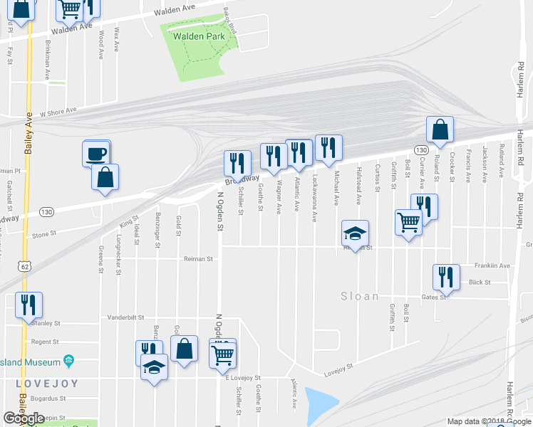 map of restaurants, bars, coffee shops, grocery stores, and more near 439 Goethe Street in Buffalo