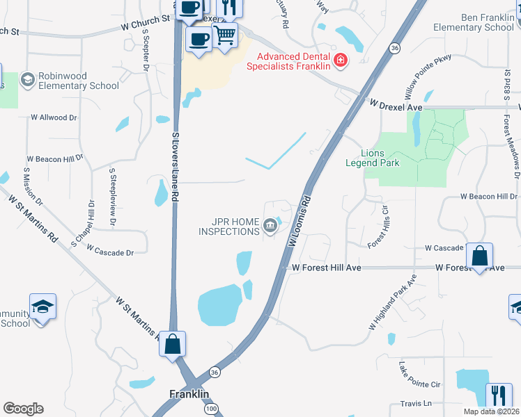 map of restaurants, bars, coffee shops, grocery stores, and more near 9364 West Loomis Road in Franklin