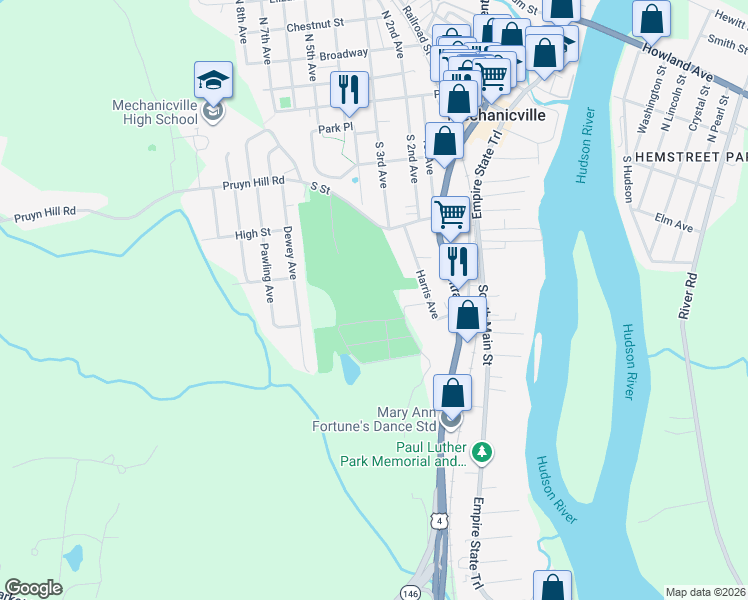 map of restaurants, bars, coffee shops, grocery stores, and more near 6 Pruyn Hill Road in Mechanicville