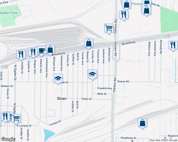 map of restaurants, bars, coffee shops, grocery stores, and more near 171 Roland Street in Buffalo