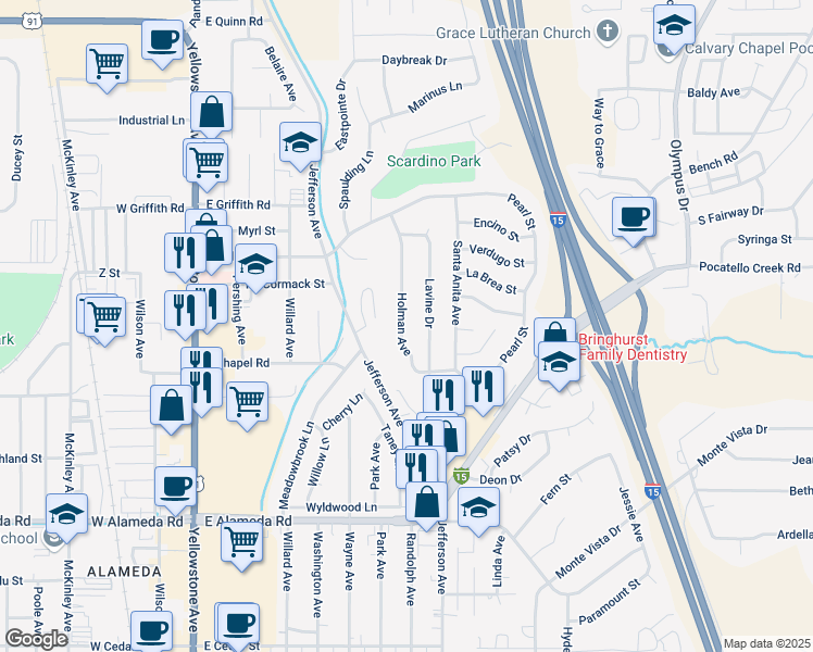 map of restaurants, bars, coffee shops, grocery stores, and more near 1200 Holman Avenue in Pocatello