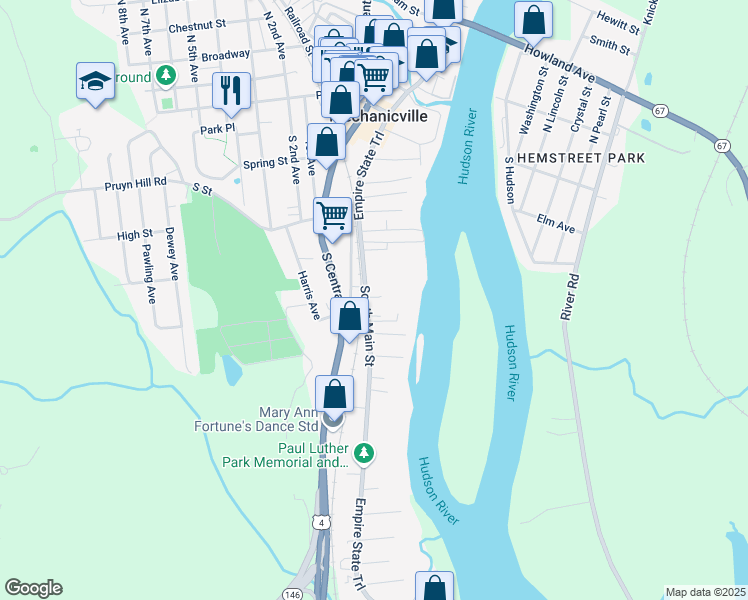 map of restaurants, bars, coffee shops, grocery stores, and more near 176 South Main Street in Mechanicville