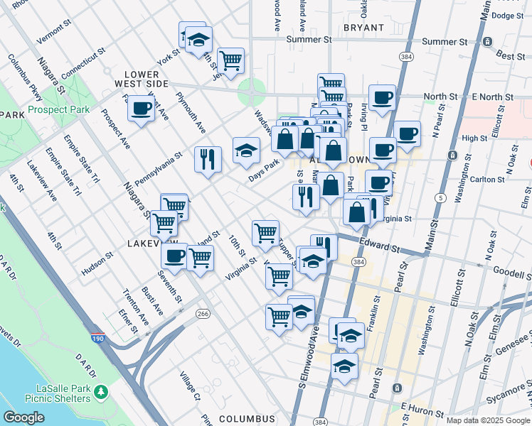 map of restaurants, bars, coffee shops, grocery stores, and more near in Buffalo