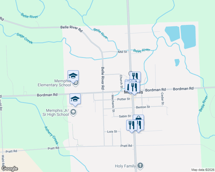 map of restaurants, bars, coffee shops, grocery stores, and more near 81112 Belle River Road in Memphis