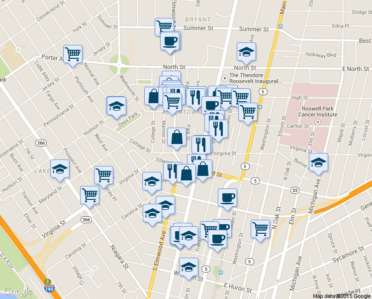 map of restaurants, bars, coffee shops, grocery stores, and more near 422 Virginia Street in Buffalo