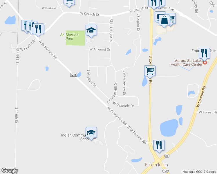 map of restaurants, bars, coffee shops, grocery stores, and more near 10539 Beacon Hill Court East in Franklin