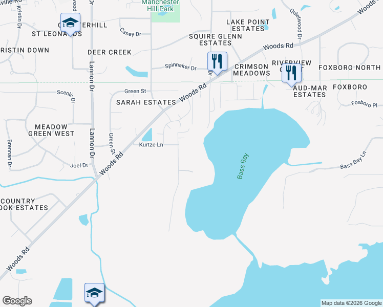 map of restaurants, bars, coffee shops, grocery stores, and more near W165S8124 Kurtze Lane in Muskego