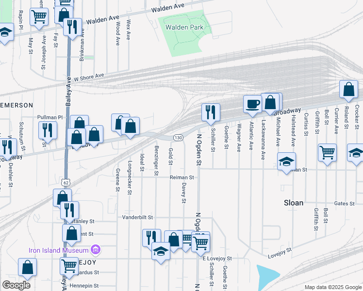 map of restaurants, bars, coffee shops, grocery stores, and more near 446 Davey Street in Buffalo