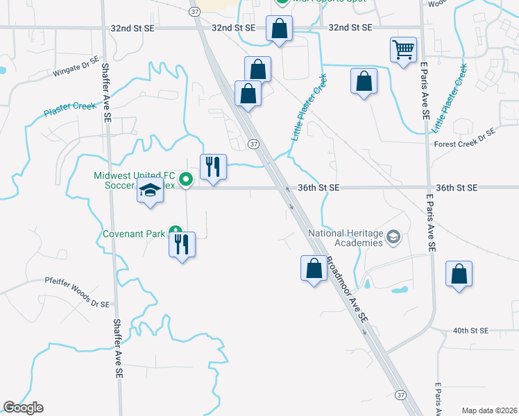 map of restaurants, bars, coffee shops, grocery stores, and more near 3596 36th Street Southeast in Kentwood